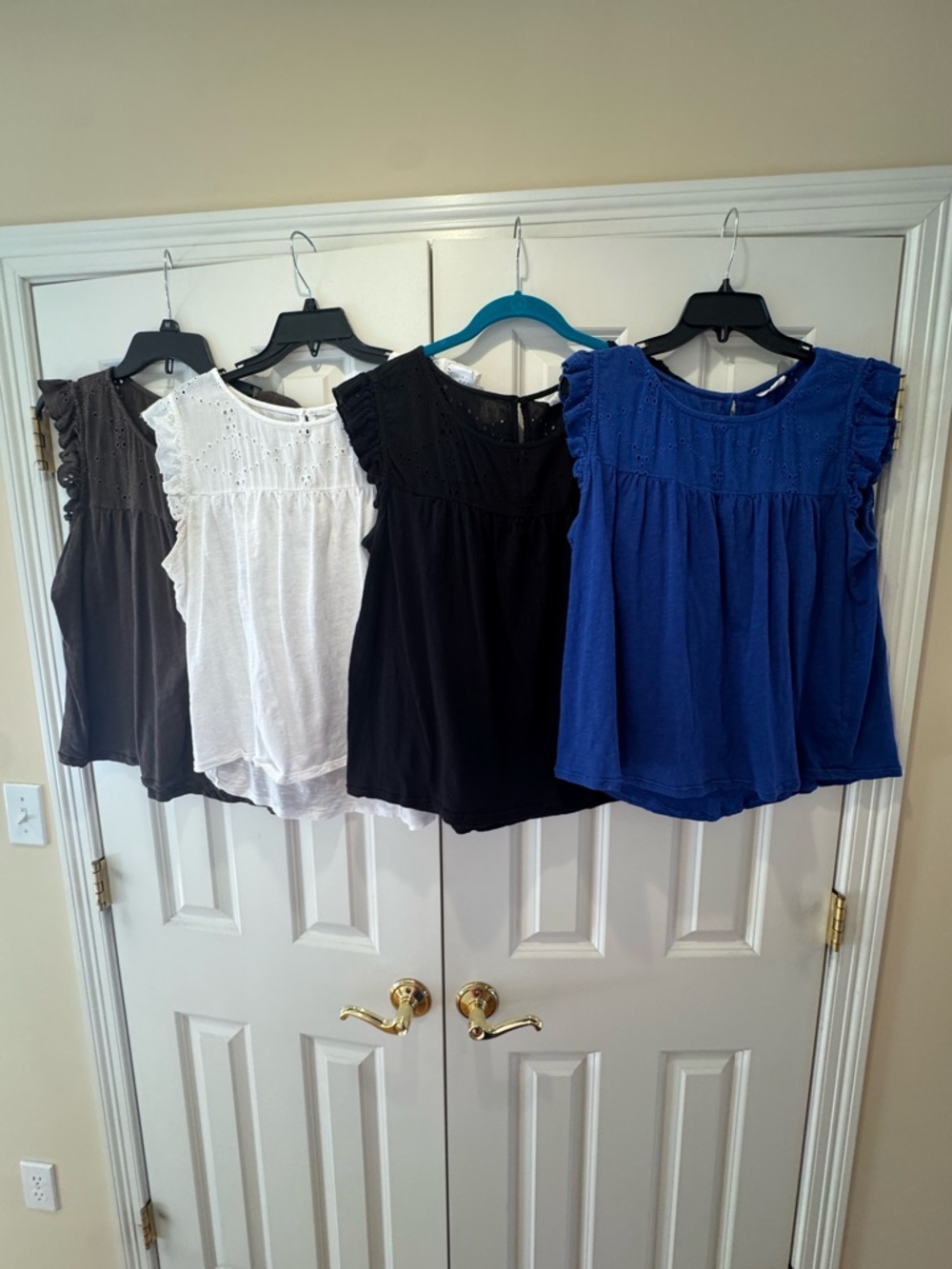 Caslon Eyelet Ruffle Sleeve Tank Tops- Black, White, Royal Blue, Olive